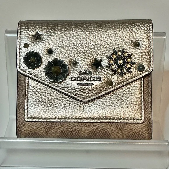 Coach Rare Floral Appliqué Studded Flap Trifold Wallet Gold & Brown NWOT - Picture 2 of 14